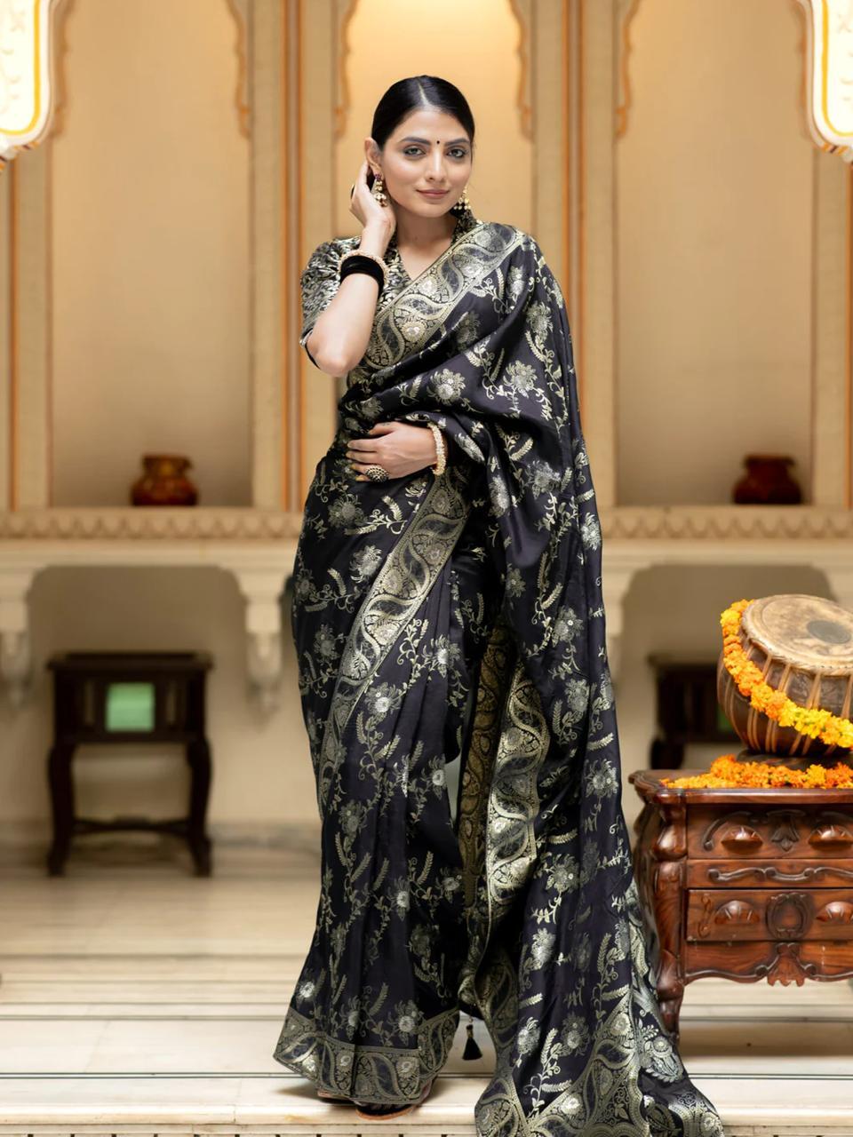 Black Kanjivaram Soft Silk Saree with Jari & Banarasi Weaving