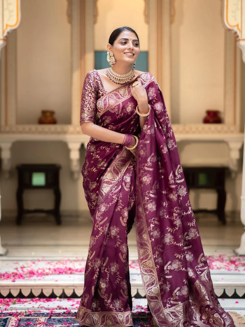 Wine Soft Silk Saree with Kanjivaram and Banarasi Jari Weaving