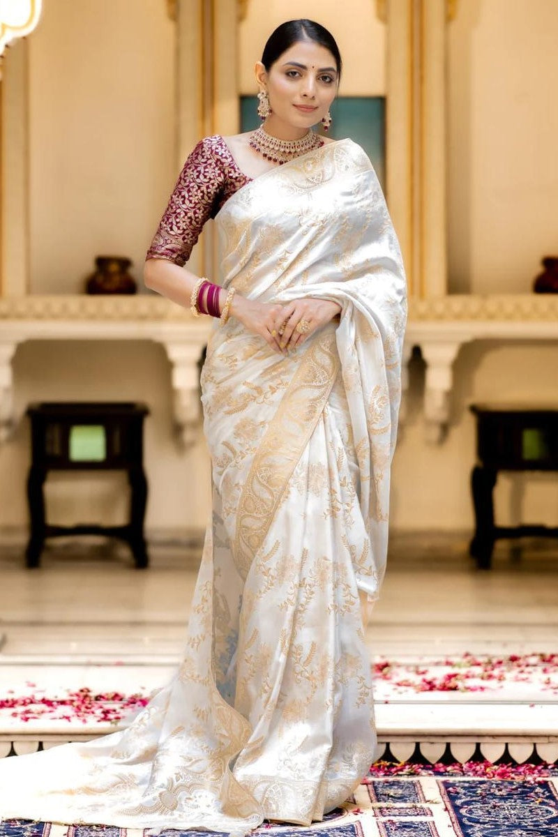 White Soft Silk Saree with Kanjivaram and Banarasi Jari Weaving