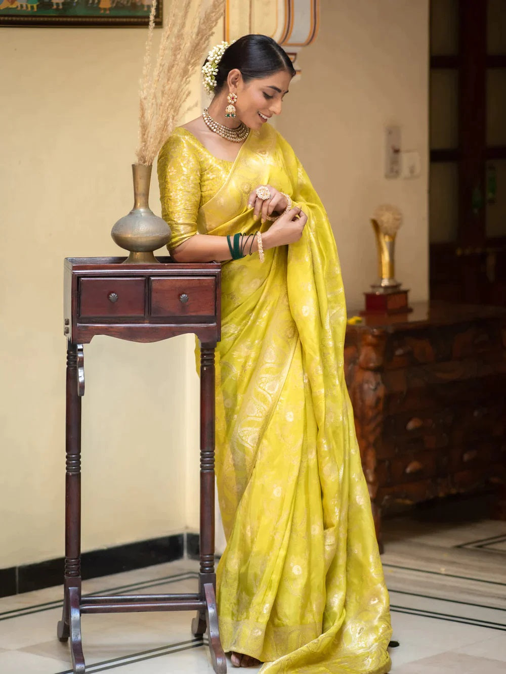 Lemon Soft Silk Saree with Kanjivaram and Banarasi Jari Weaving