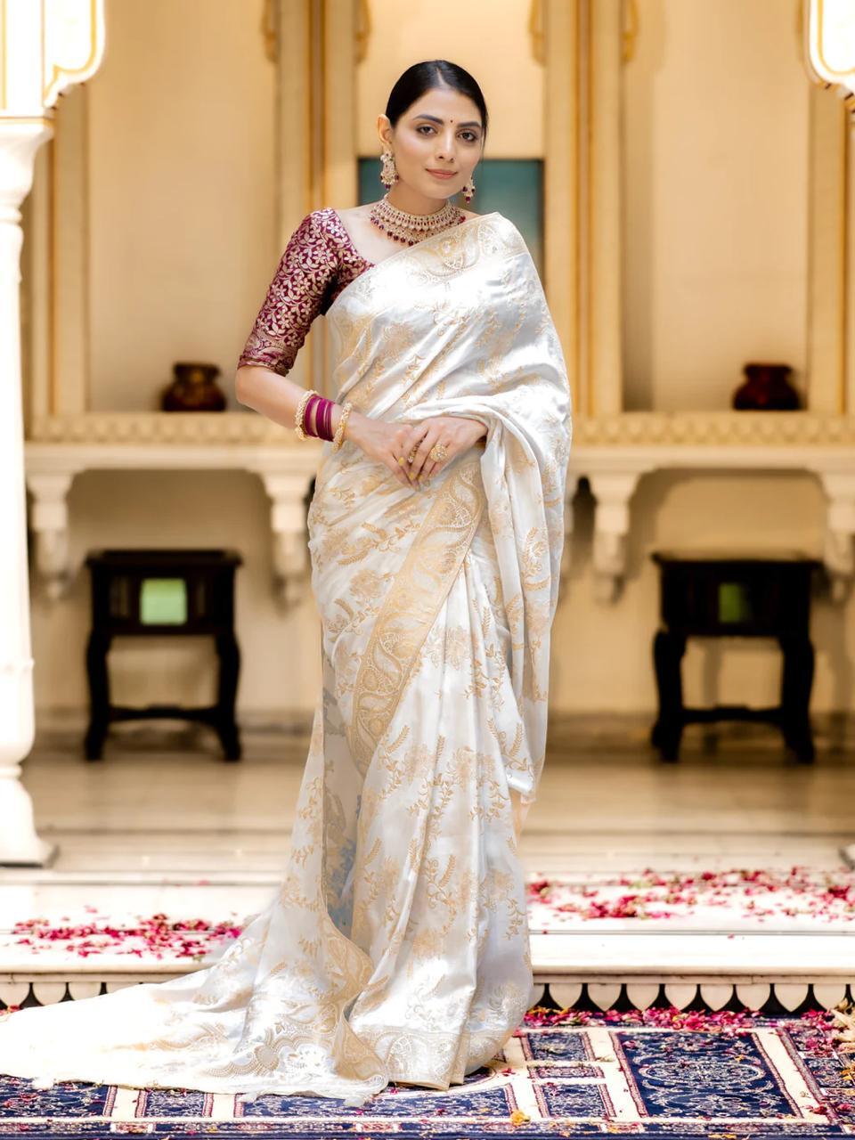 White Soft Silk Saree with Kanjivaram and Banarasi Jari Weaving