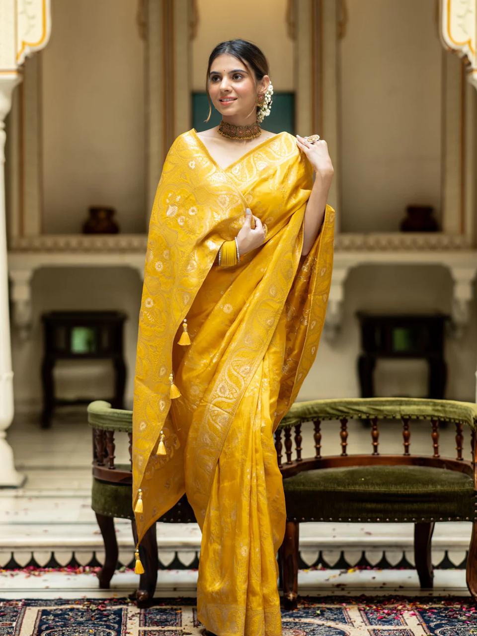 Yellow Soft Silk Saree with Kanjivaram and Banarasi Jari Weaving