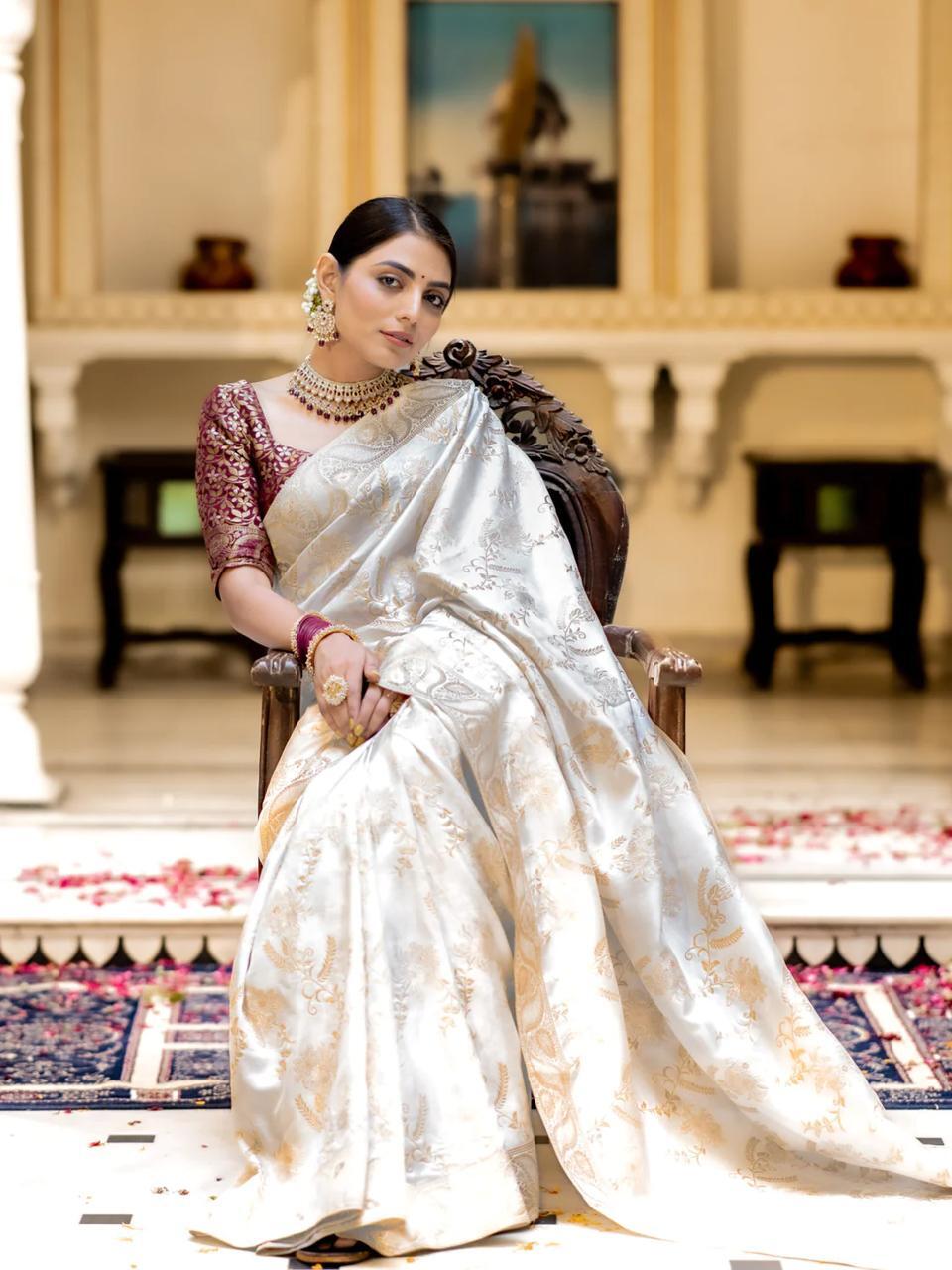 White Soft Silk Saree with Kanjivaram and Banarasi Jari Weaving