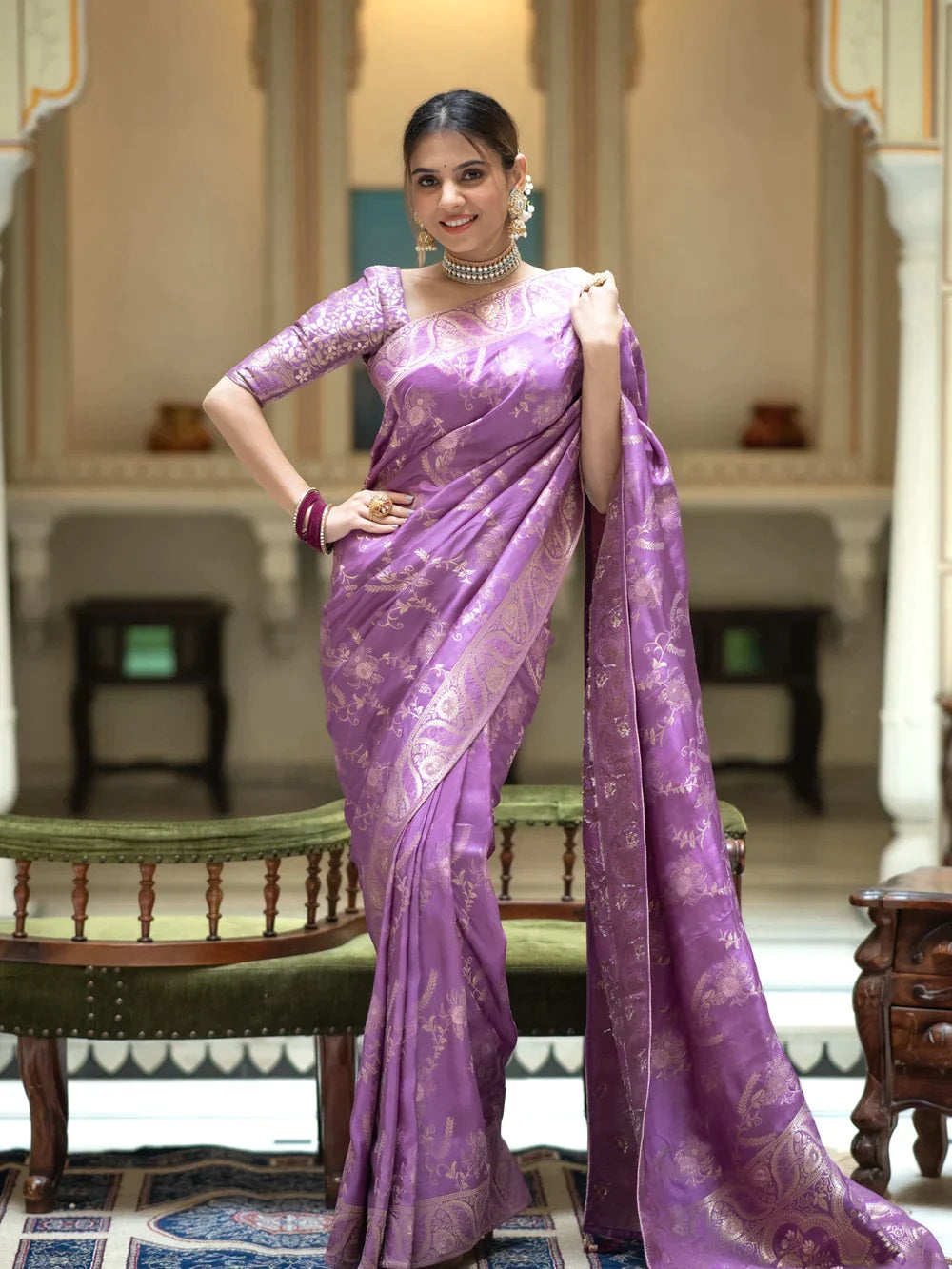 Lavender Soft Silk Saree with Kanjivaram and Banarasi Jari Weaving