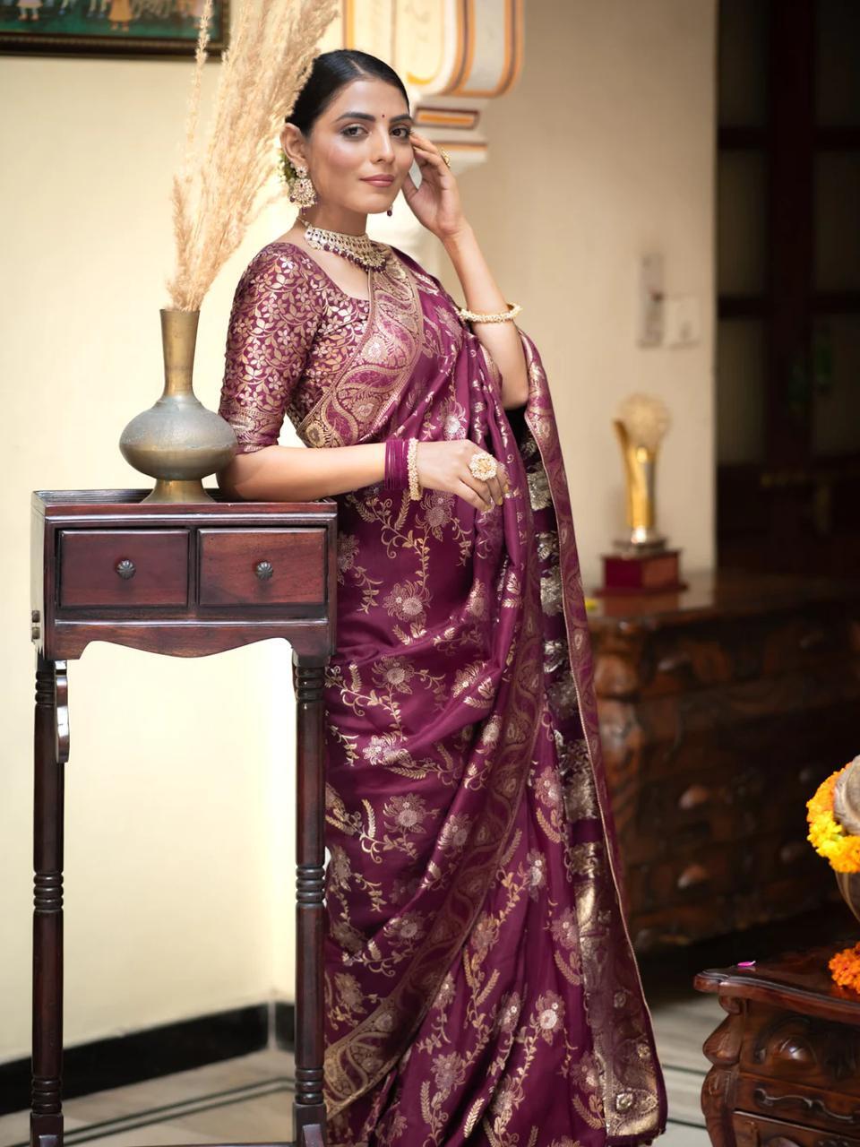Wine Soft Silk Saree with Kanjivaram and Banarasi Jari Weaving
