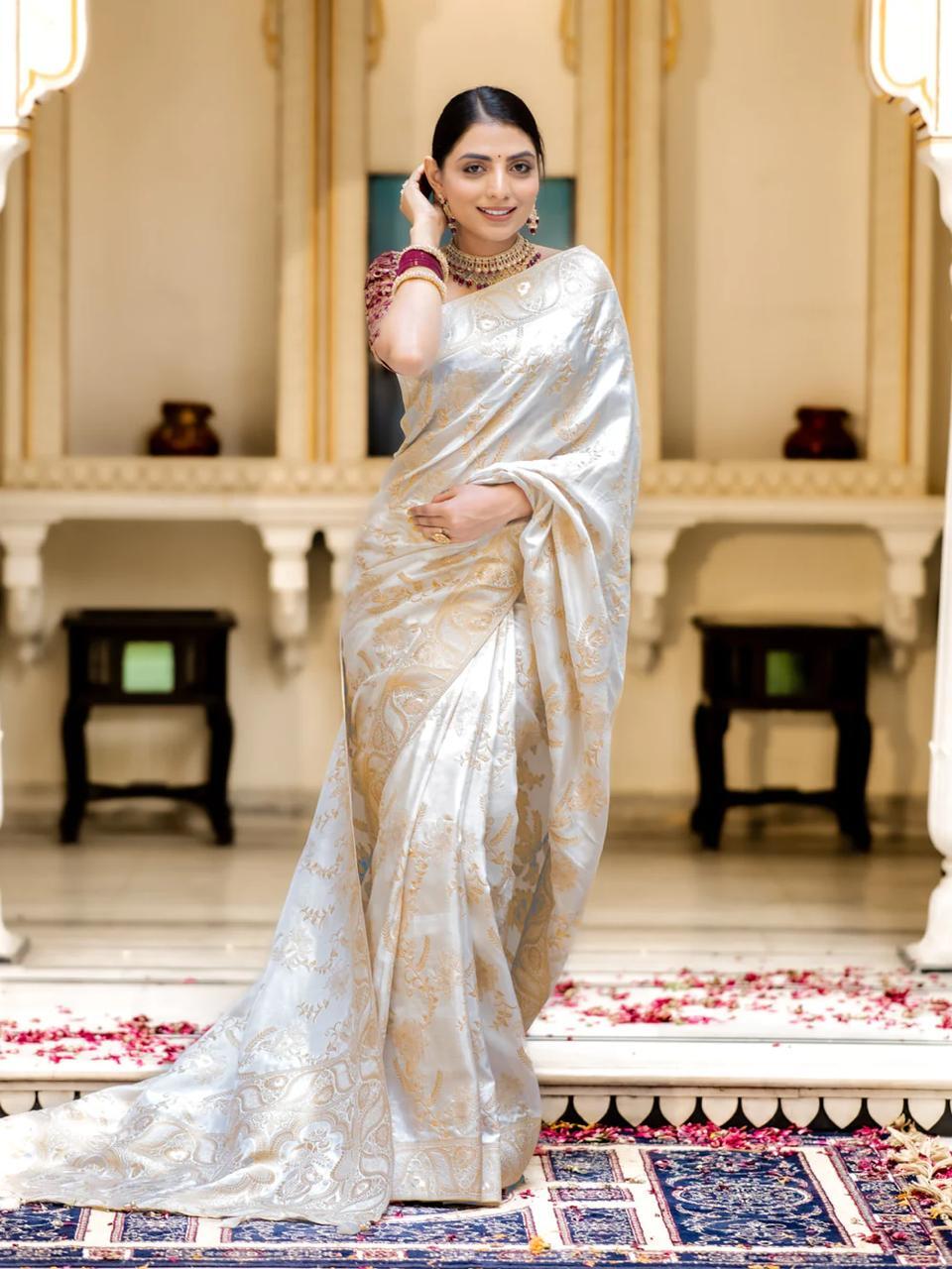 White Soft Silk Saree with Kanjivaram and Banarasi Jari Weaving