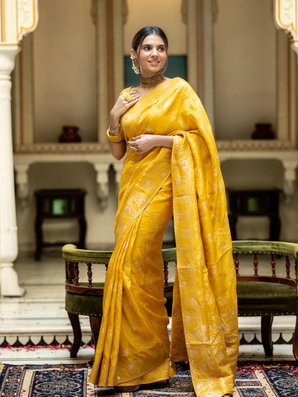 Yellow Soft Silk Saree with Kanjivaram and Banarasi Jari Weaving