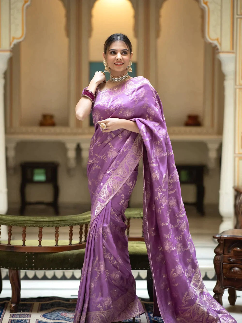 Lavender Soft Silk Saree with Kanjivaram and Banarasi Jari Weaving