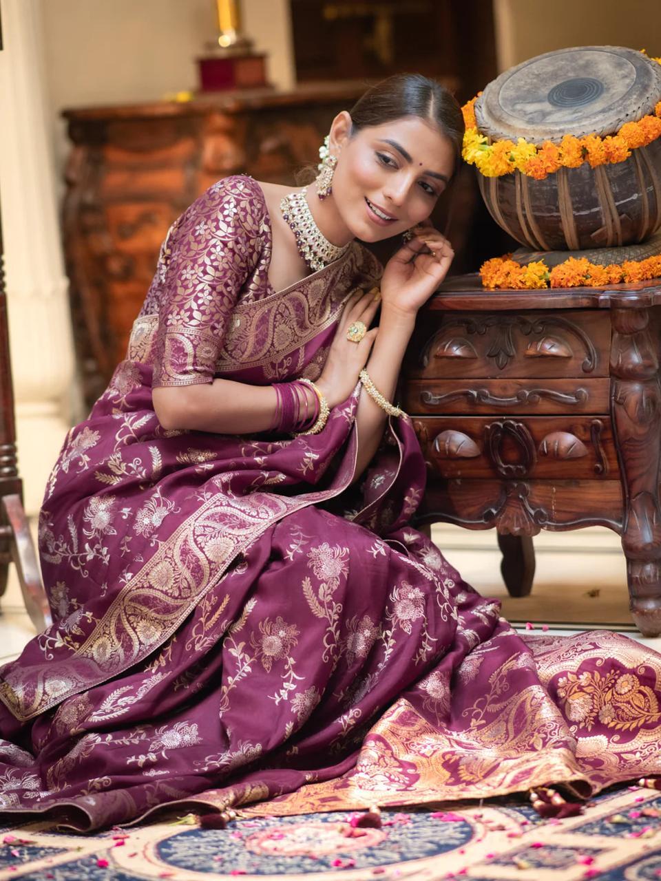 Wine Soft Silk Saree with Kanjivaram and Banarasi Jari Weaving