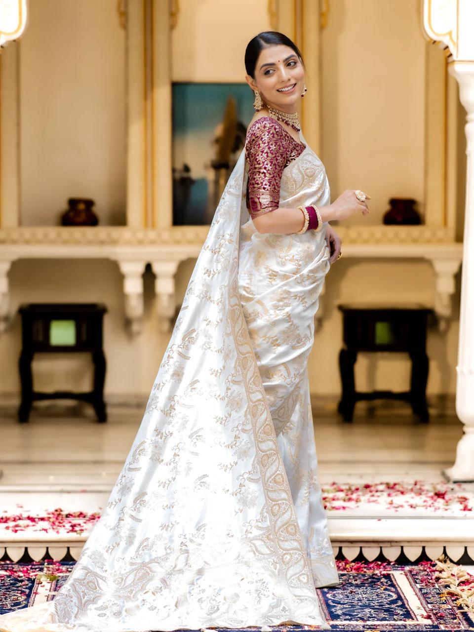 White Soft Silk Saree with Kanjivaram and Banarasi Jari Weaving