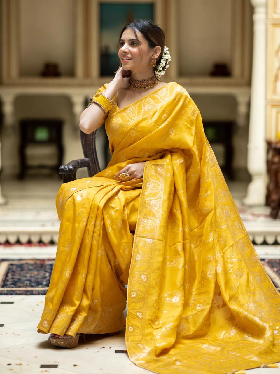 Yellow Soft Silk Saree with Kanjivaram and Banarasi Jari Weaving