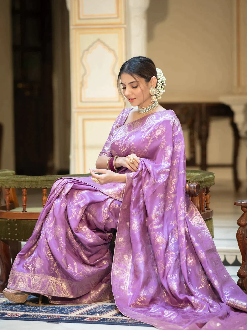 Lavender Soft Silk Saree with Kanjivaram and Banarasi Jari Weaving