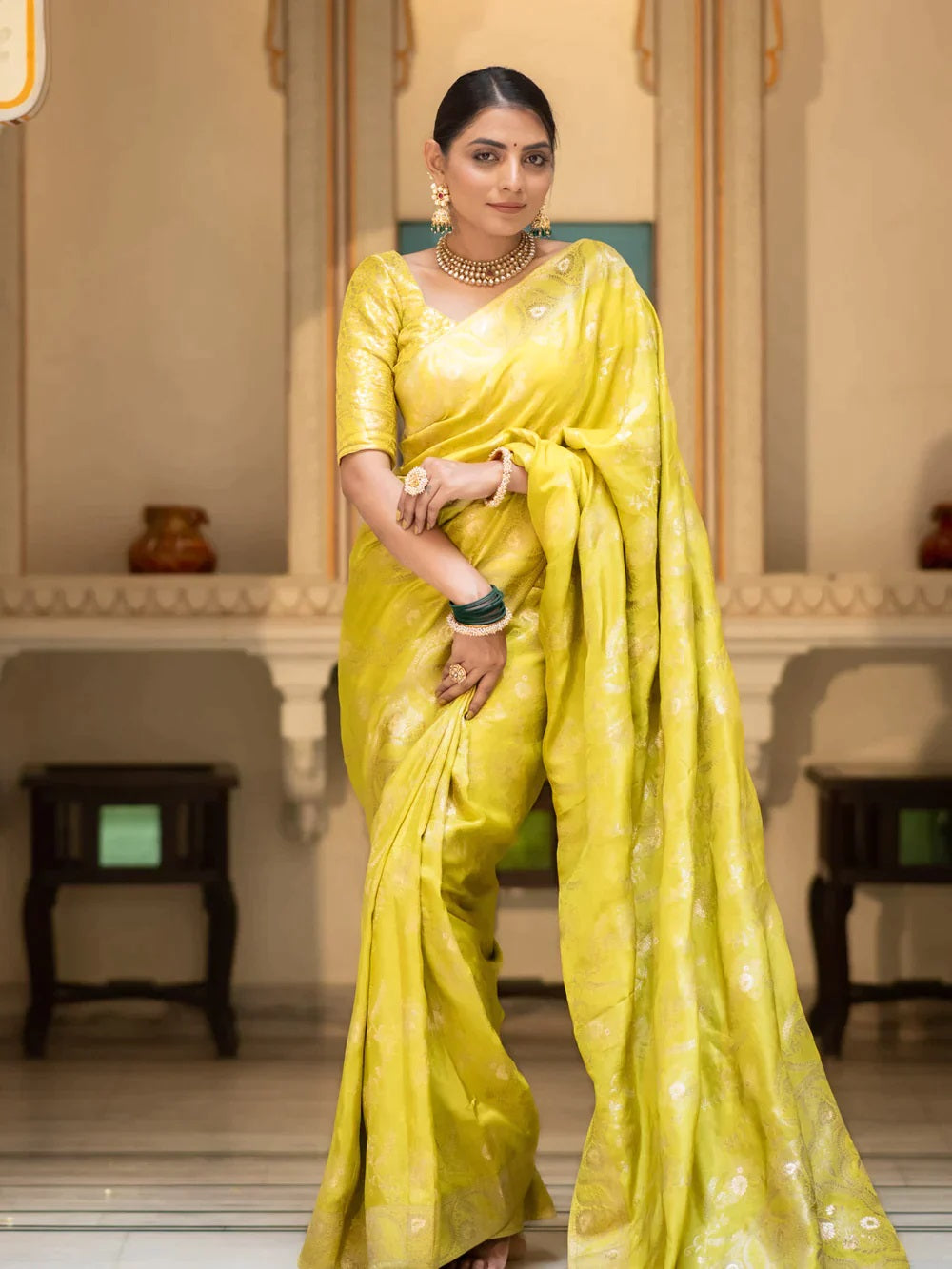 Lemon Soft Silk Saree with Kanjivaram and Banarasi Jari Weaving
