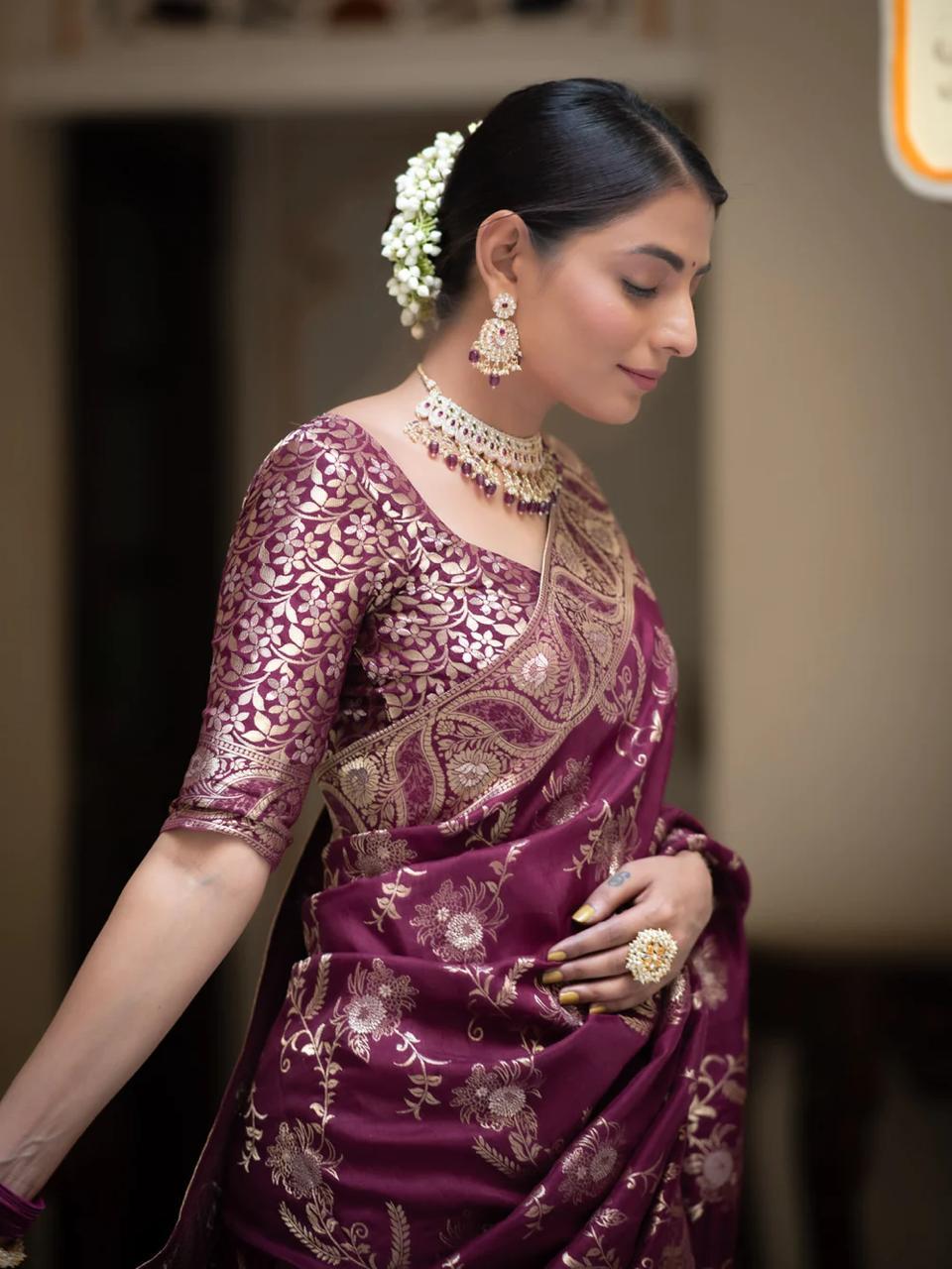 Wine Soft Silk Saree with Kanjivaram and Banarasi Jari Weaving