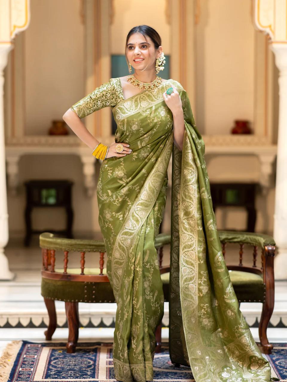 Mehndi Soft Silk Saree with Kanjivaram and Banarasi Jari Weaving