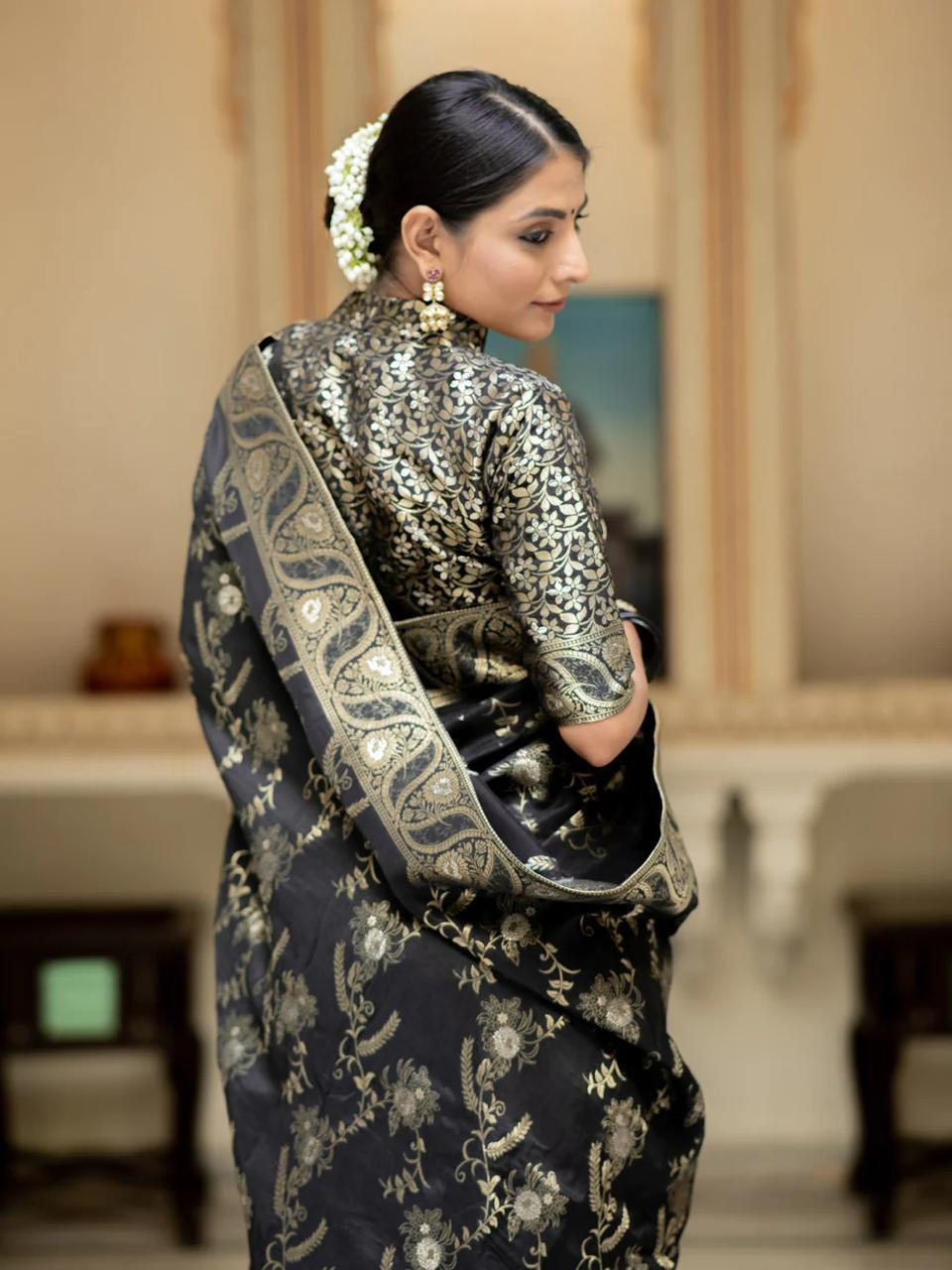 Black Kanjivaram Soft Silk Saree with Jari & Banarasi Weaving