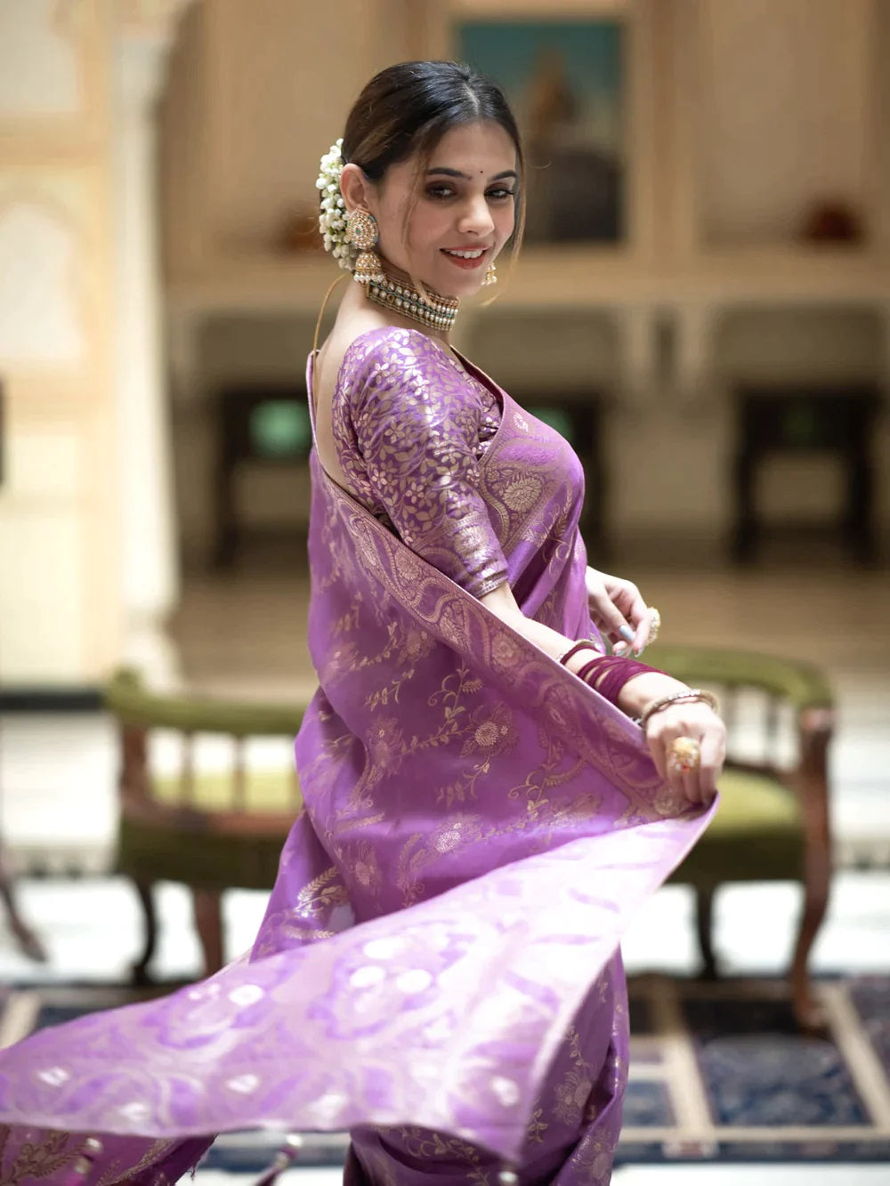 Lavender Soft Silk Saree with Kanjivaram and Banarasi Jari Weaving