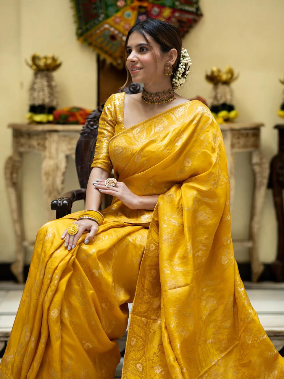 Yellow Soft Silk Saree with Kanjivaram and Banarasi Jari Weaving