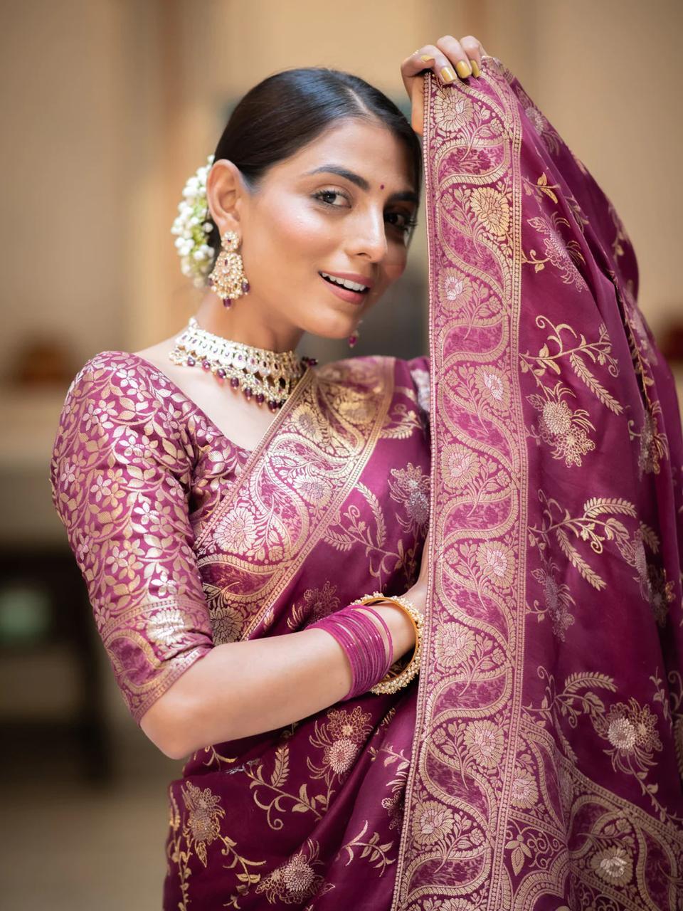 Wine Soft Silk Saree with Kanjivaram and Banarasi Jari Weaving