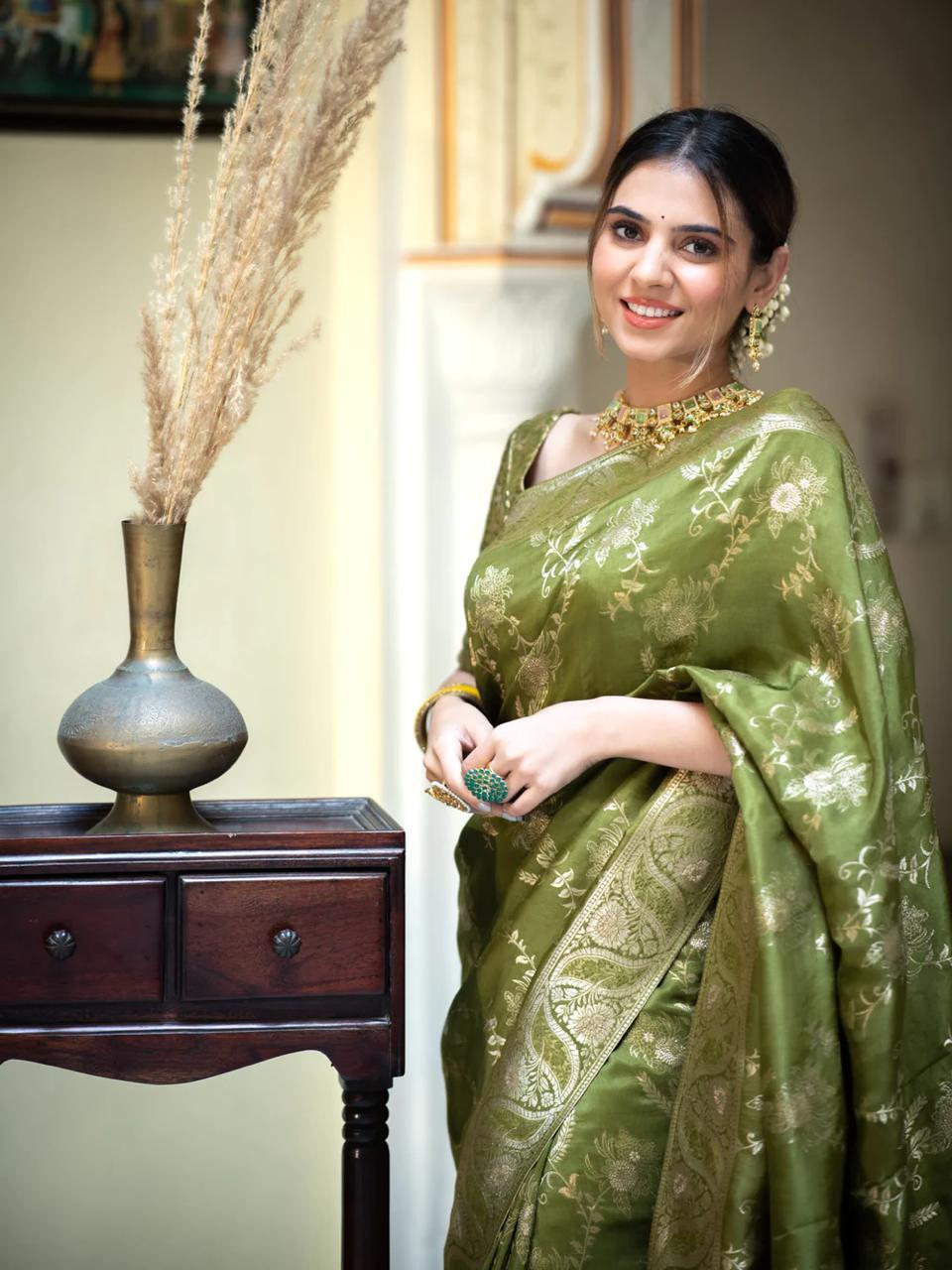 Mehndi Soft Silk Saree with Jari Work and Jacquard Blouse – Available