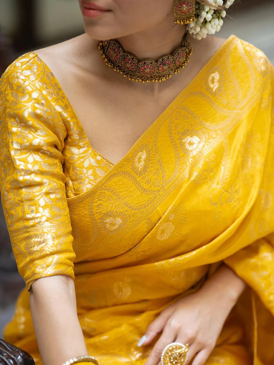 Yellow Soft Silk Saree with Kanjivaram and Banarasi Jari Weaving