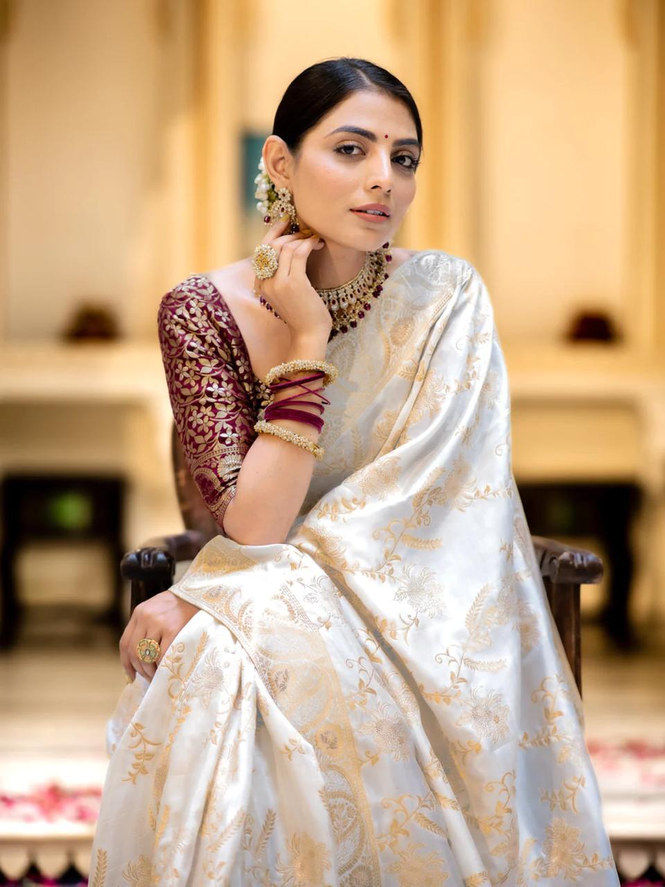 White Soft Silk Saree with Kanjivaram and Banarasi Jari Weaving