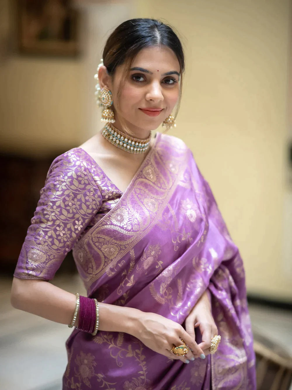 Lavender Soft Silk Saree with Kanjivaram and Banarasi Jari Weaving
