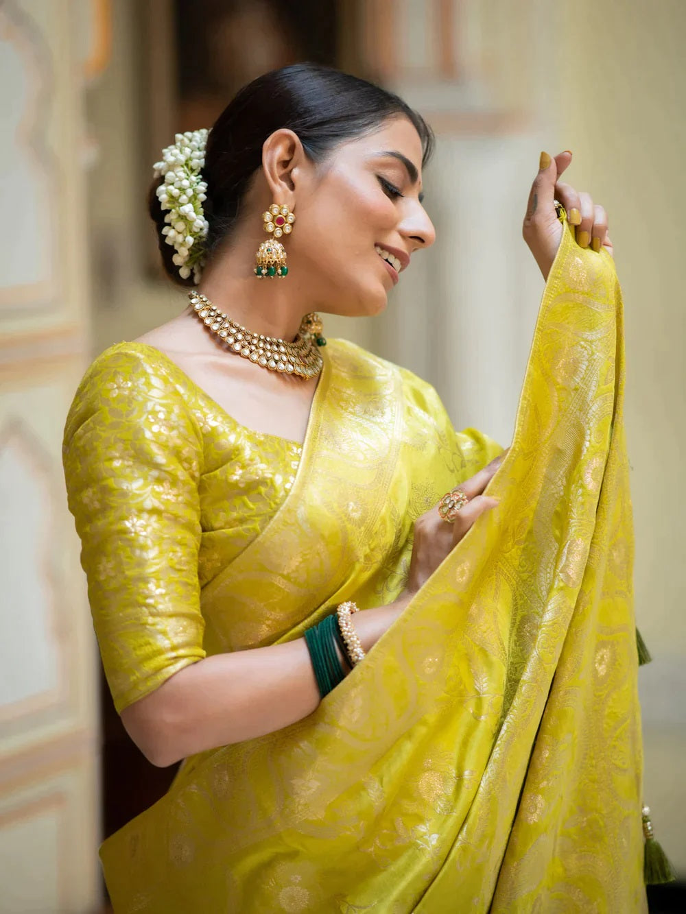 Lemon Soft Silk Saree with Kanjivaram and Banarasi Jari Weaving
