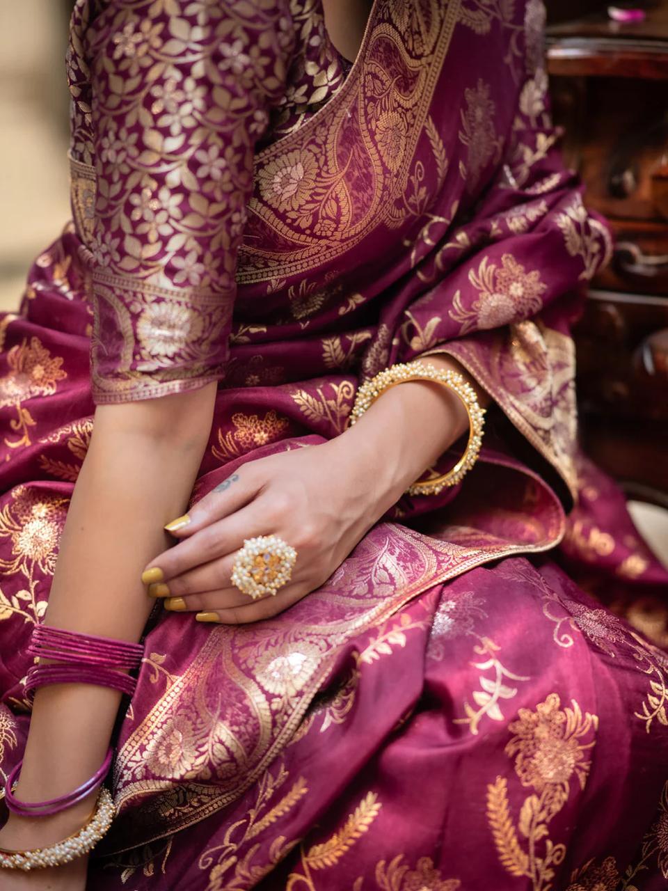 Wine Soft Silk Saree with Kanjivaram and Banarasi Jari Weaving