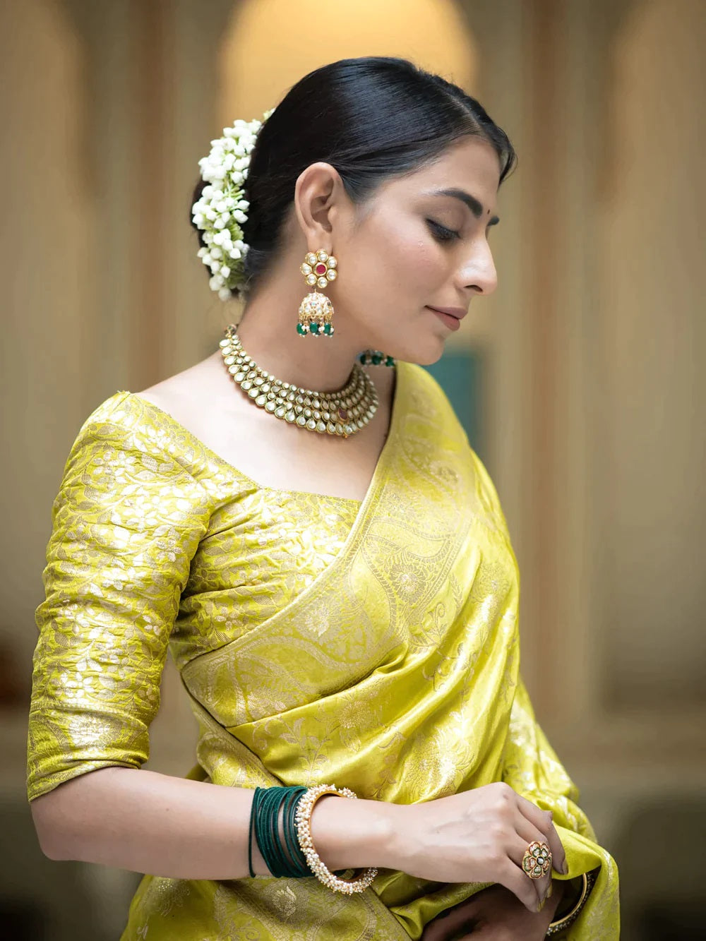 Lemon Soft Silk Saree with Kanjivaram and Banarasi Jari Weaving