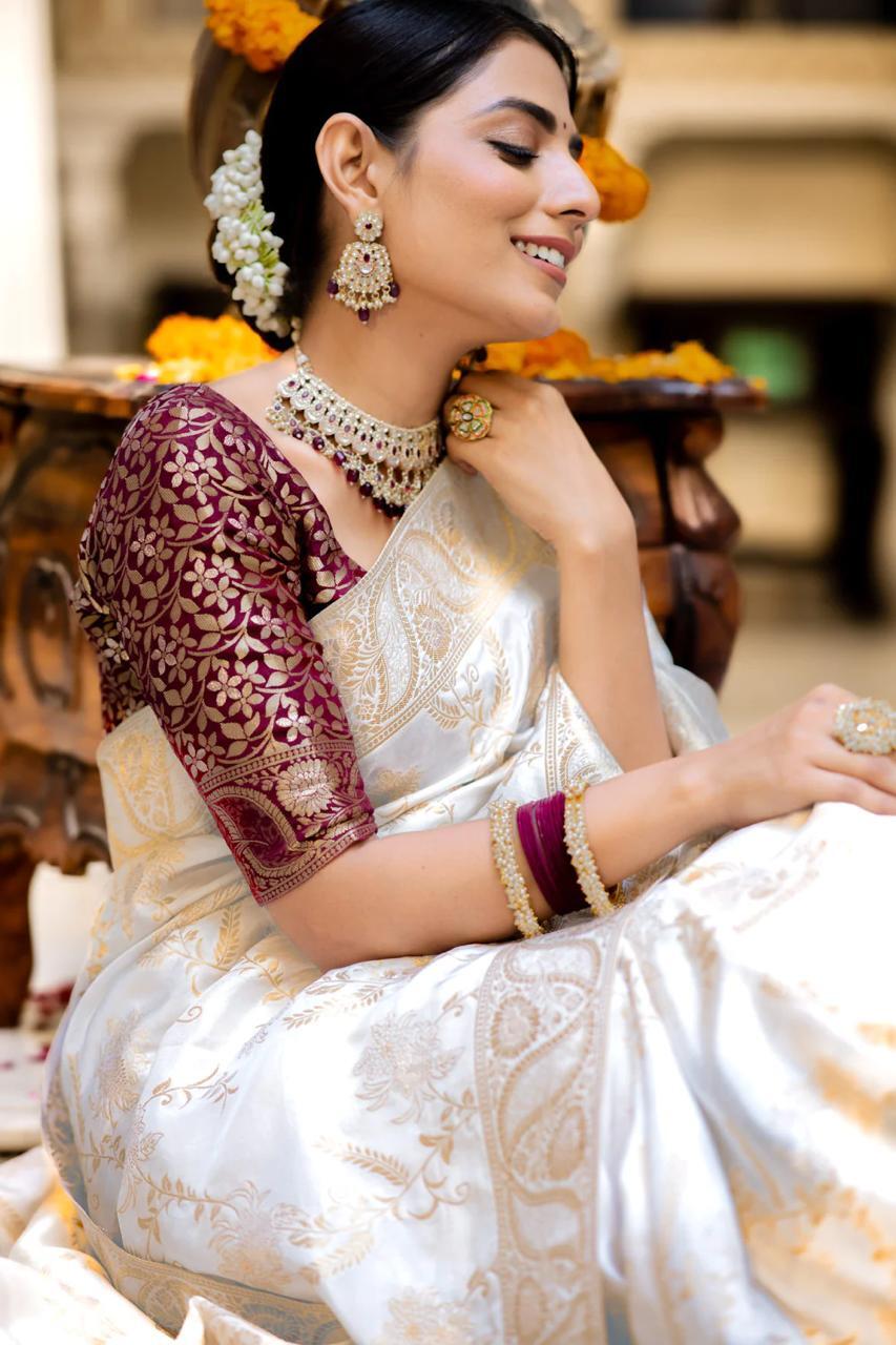 White Soft Silk Saree with Kanjivaram and Banarasi Jari Weaving