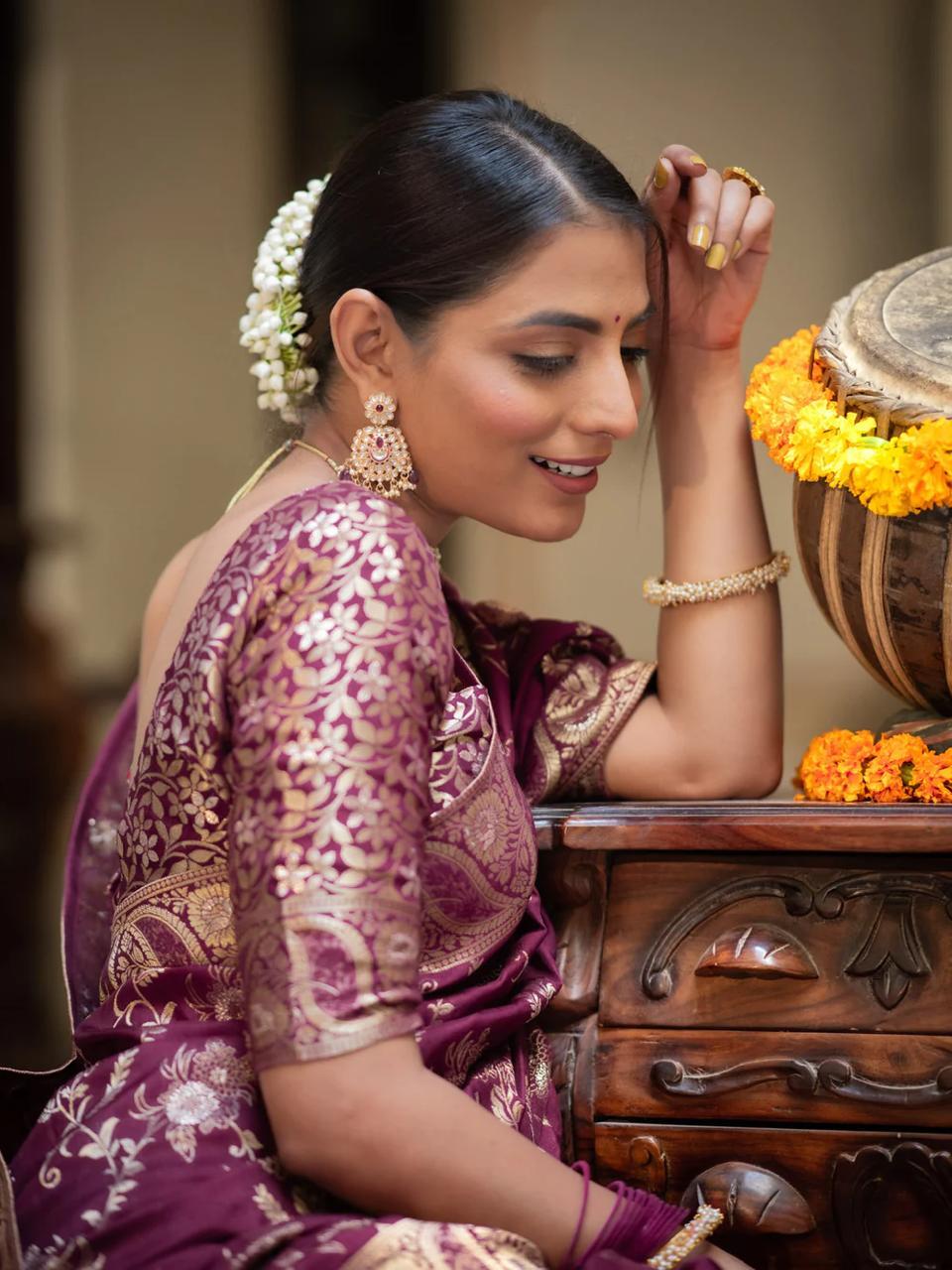 Wine Soft Silk Saree with Kanjivaram and Banarasi Jari Weaving