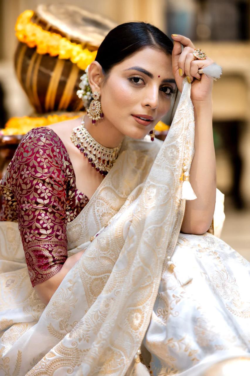 White Soft Silk Saree with Kanjivaram and Banarasi Jari Weaving
