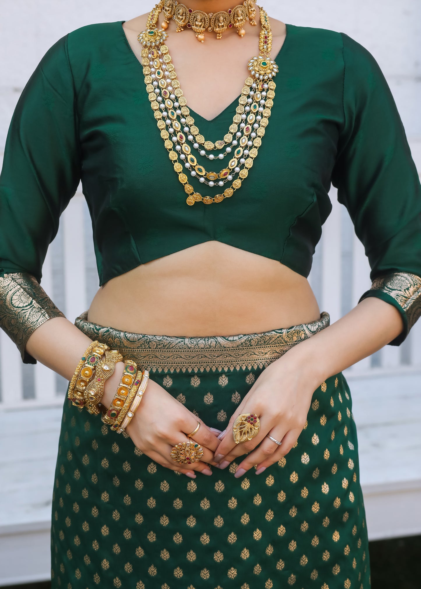 Bottle Green Katan Litchi Silk Banarasi Saree with Zari Butta Woven