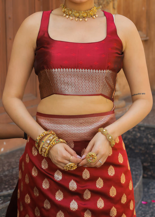 Royal Maroon Katan Litchi Silk Banarasi Saree with Exquisite Zari Butta Weaving