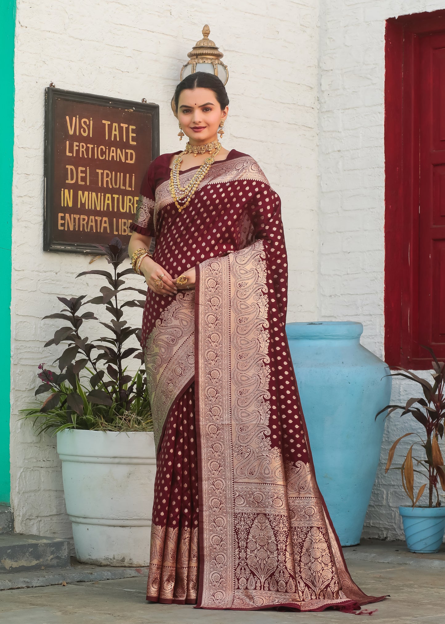 Maroon Katan Litchi Silk Banarasi Saree with Zari Butta Woven
