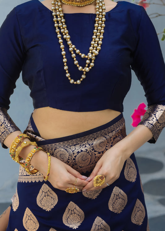 Premium Navy Blue Katan Litchi Silk Banarasi Saree Featuring Intricately Woven Zari Buttas