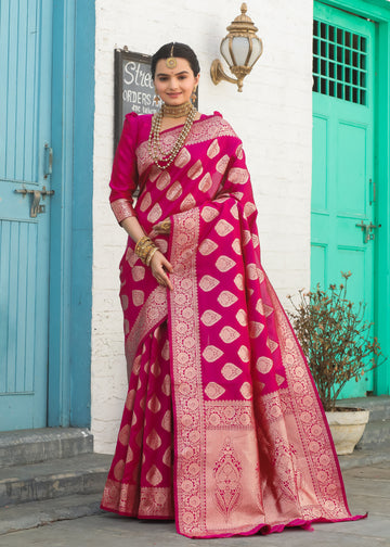Rani Katan Litchi Silk Banarasi Saree with Elegant Zari Butta – In Stock