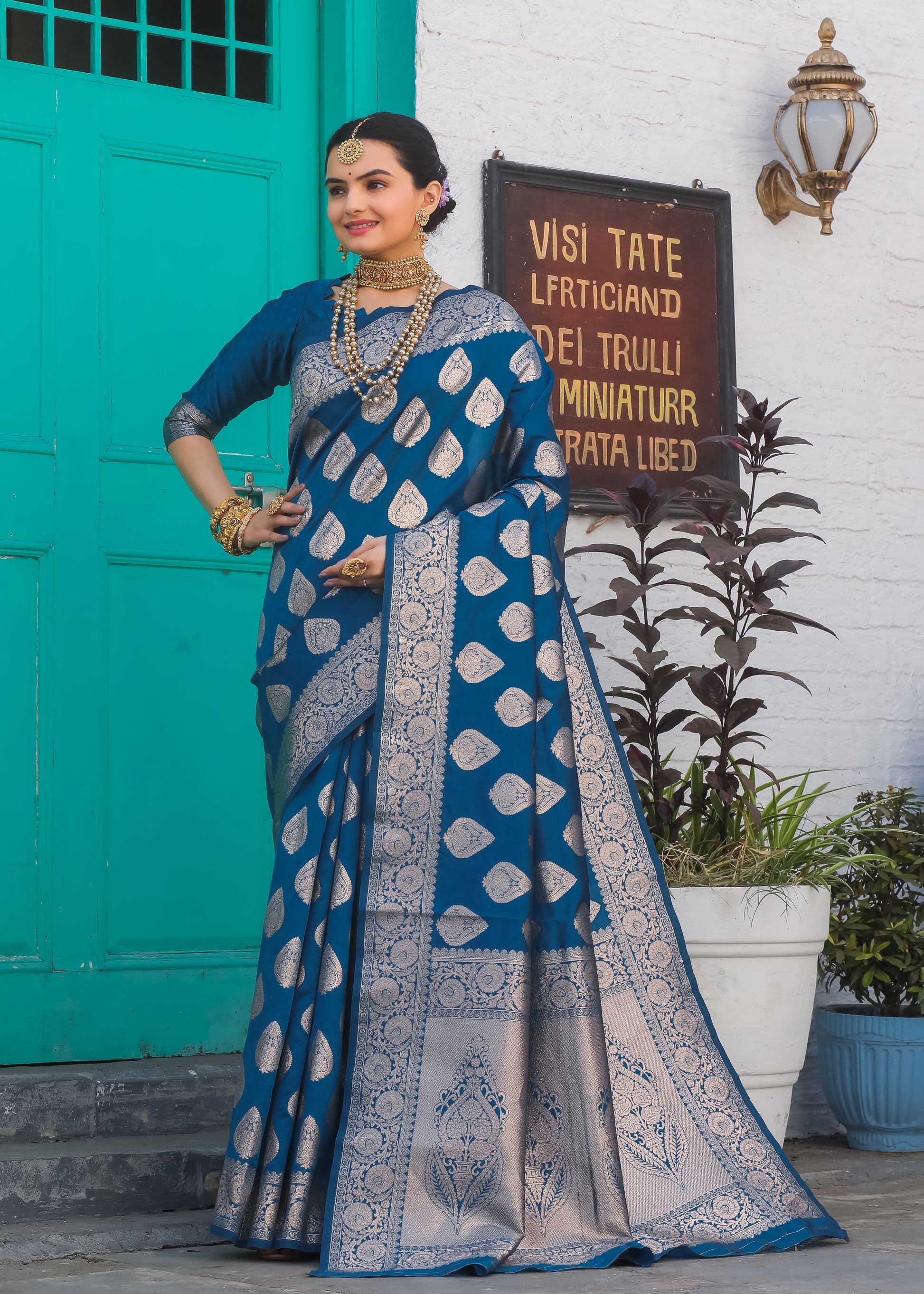 Firozi Banarasi Silk Saree with Intricate Zari Butta – In Stock