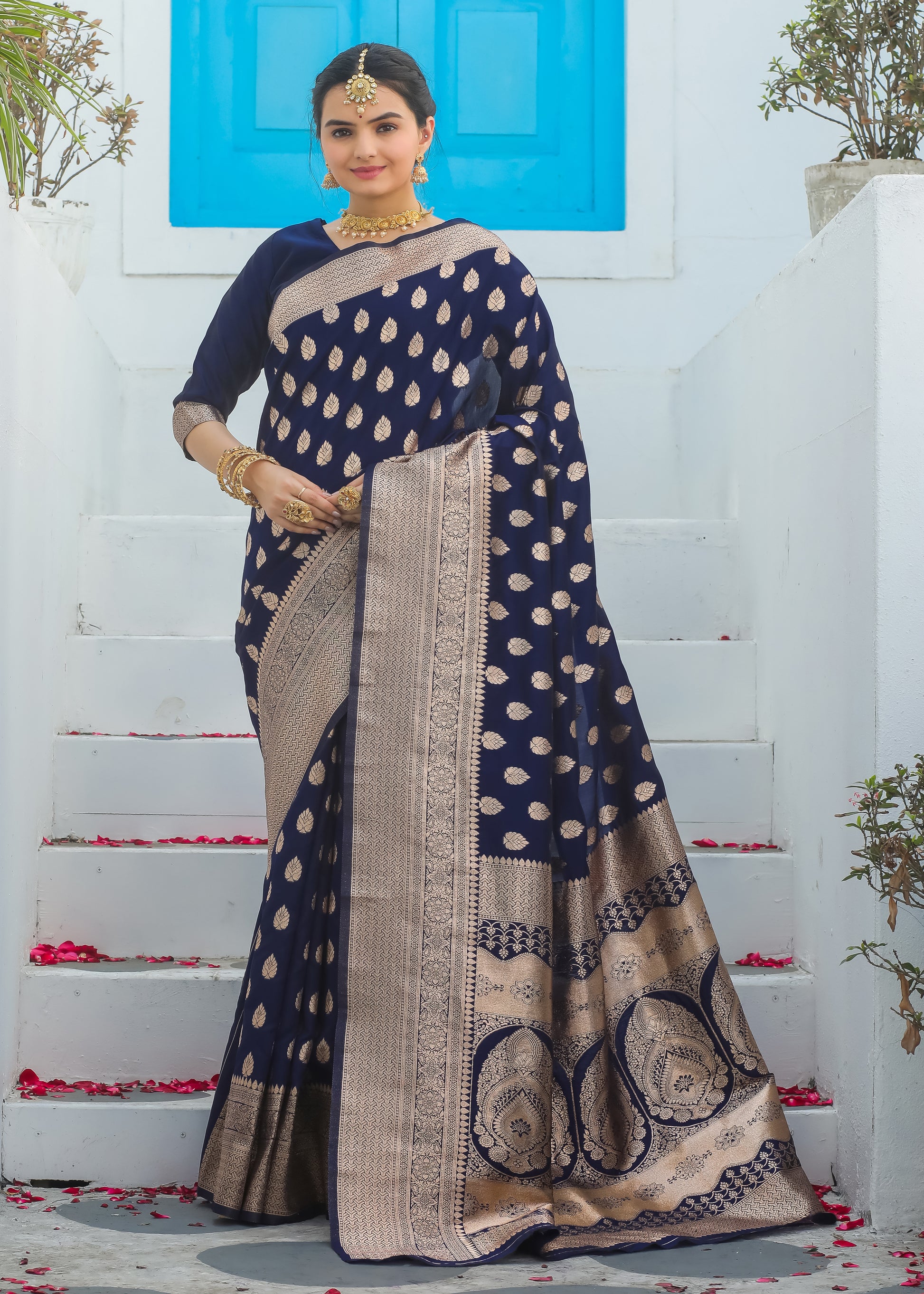 Navy Blue Banarasi Saree with Zari Butta – In Stock