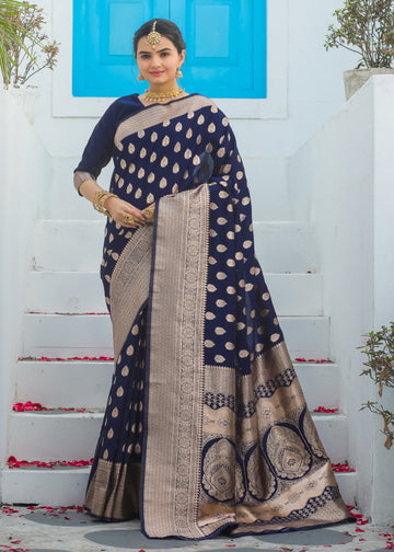 Navy Blue Banarasi Saree with Zari Butta – In Stock