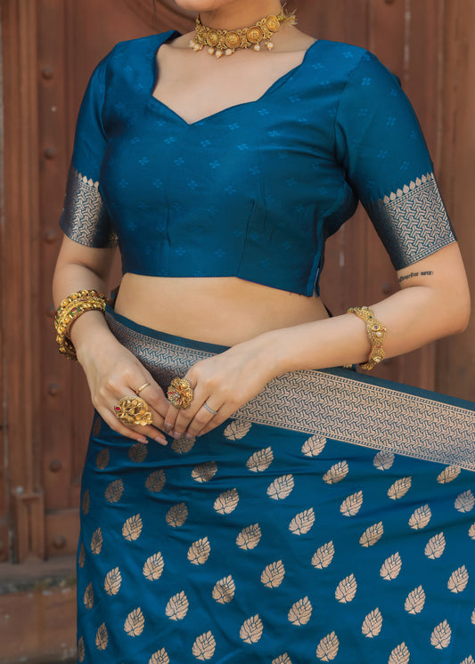 Classic Firozi Katan Litchi Silk Banarasi Saree Adorned with Rich Zari Butta Weaving