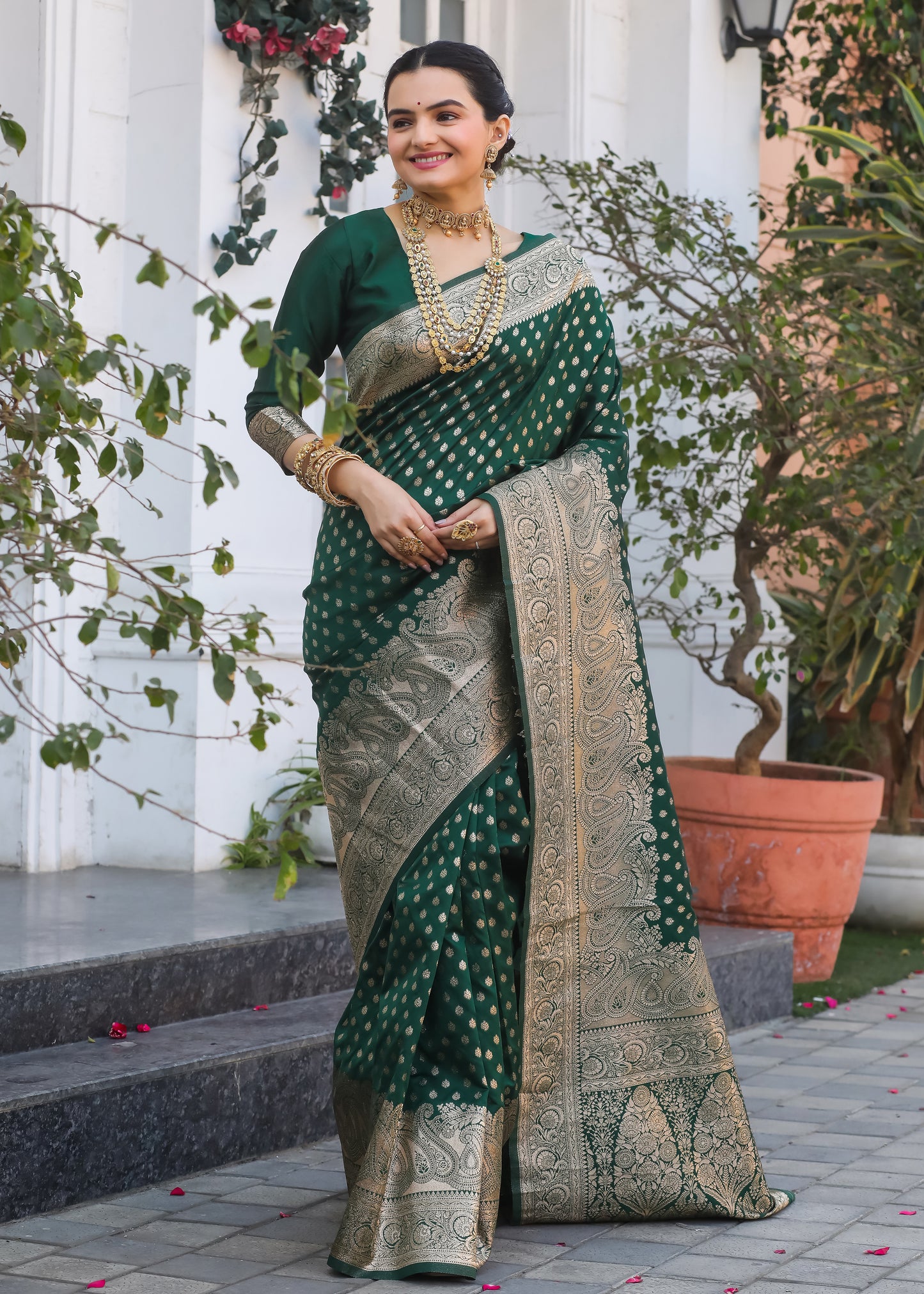 Bottle Green Katan Litchi Silk Banarasi Saree with Zari Butta Woven