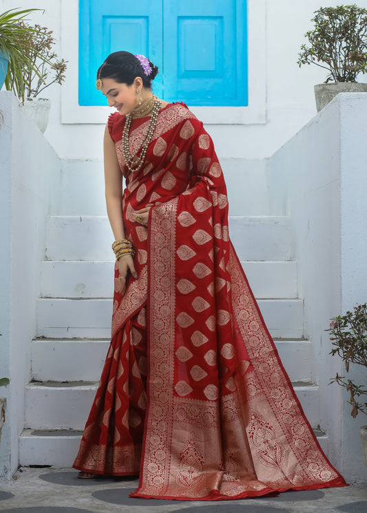Exclusive Red Katan Litchi Silk Banarasi Saree Featuring Intricately Woven Zari Buttas