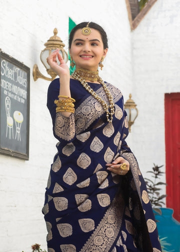 Navy Blue Katan Silk Saree with Zari Butta – In Stock