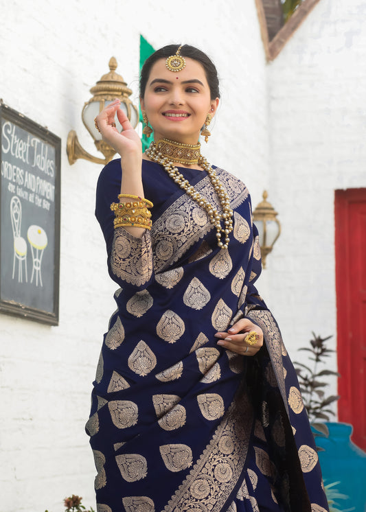 Navy Blue Katan Silk Saree with Zari Butta – In Stock