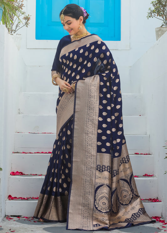 Regal Navy Blue Katan Litchi Silk Banarasi Saree Enhanced with Rich Zari Butta Work