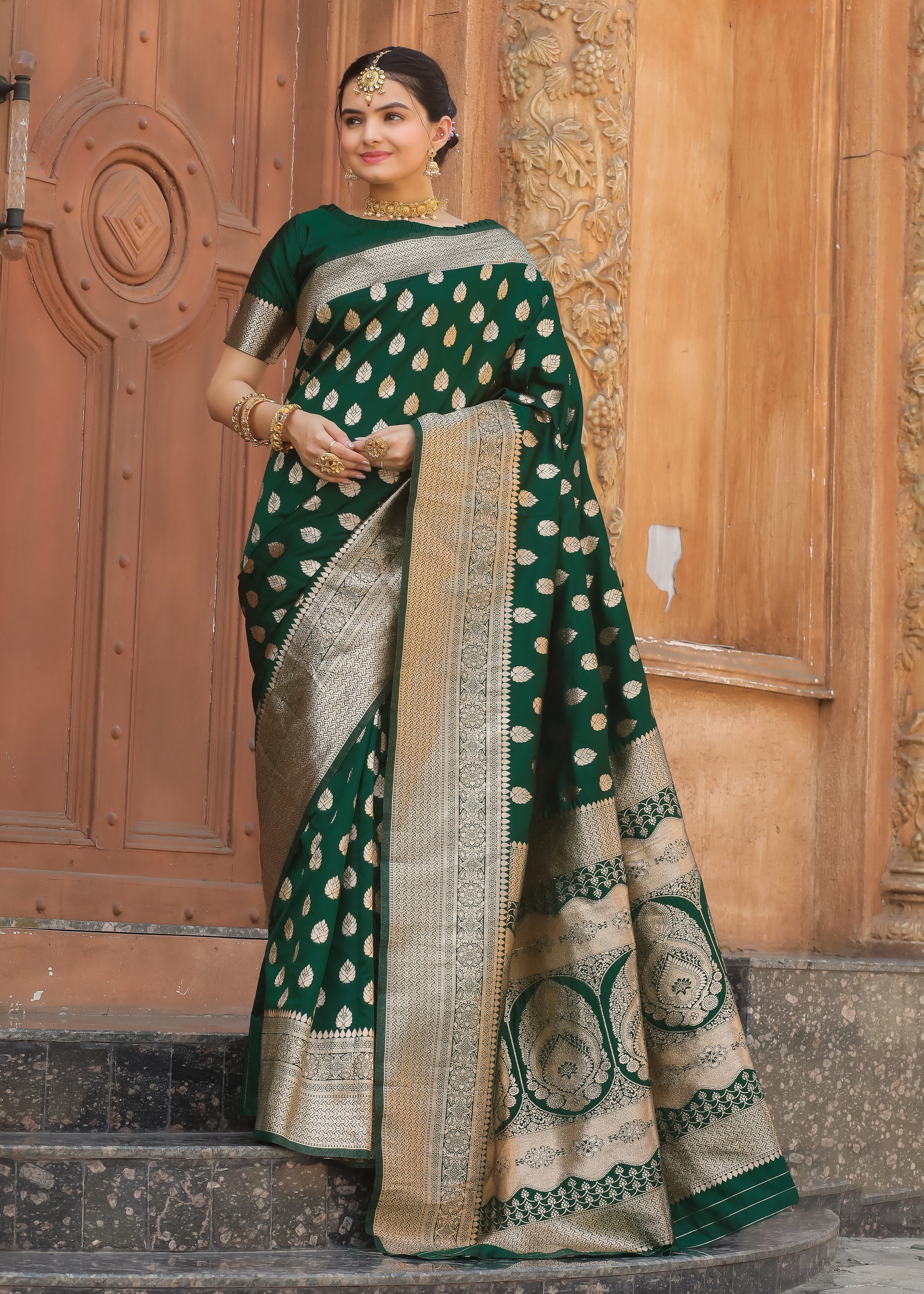 Bottle Green Banarasi Saree with Golden Zari Butta – In Stock