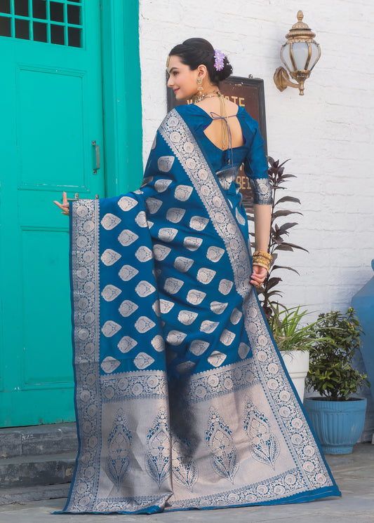Premium Firozi Katan Litchi Silk Banarasi Saree Featuring Intricate Zari Woven Buttas