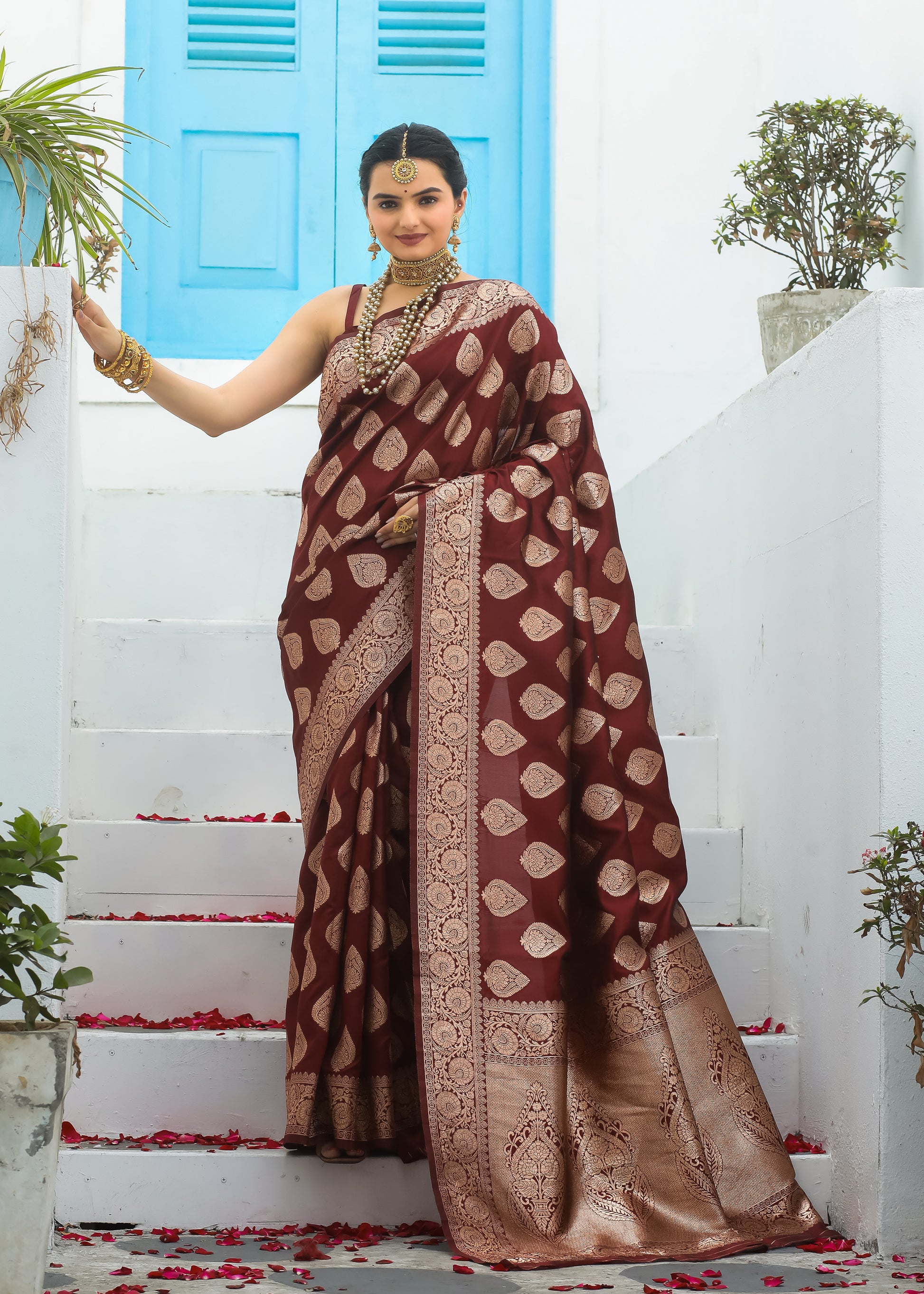 Maroon Katan Silk Banarasi Saree with Golden Zari Butta – In Stock
